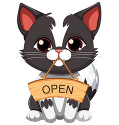 Cute Cat Cartoon Holding Wooden Open Banner