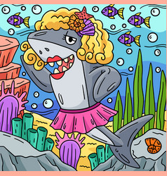 Shark Wearing Wig And Skirt Colored Cartoon