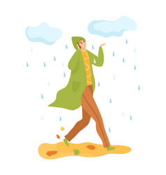 Woman Walking In Rain With Green Raincoat Hand