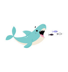 Comic Blue Shark With Open Mouth Chasing Fish