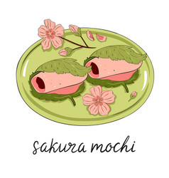 Japanese Dessert Sakura Mochi In A Plate Isolate