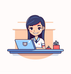 Female Nurse With Laptop At Desk In Cartoon Style