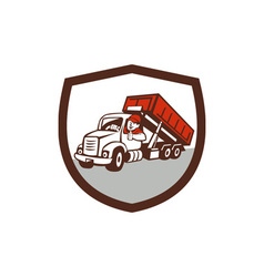 Roll-off Bin Truck Driver Thumbs Up Shield Cartoon