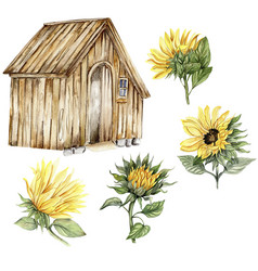 Watercolor Wooden Farmhouse And Sunflowers Hand