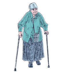 Hand Drawing Of Casual Old Woman With Walking