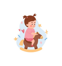 Little Baby Girl Riding On Toy Horse Cartoon Flat