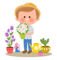 Happy Young Man Holding Pots Of Flowers