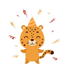 Cute Little Jaguar In Birthday Hat On White