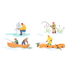 Fisherman In Boat On River Bank Or Ice-hole