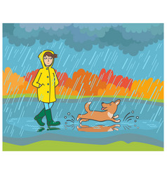 A Girl In Raincoat And Rain Boots Walks With Dog