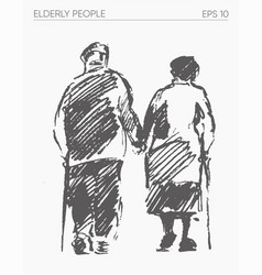 Elderly People Walking Together Hand Drawn