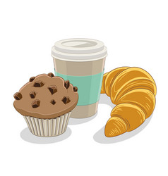 Muffin Croissant And Paper Coffee Cup