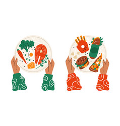 Food Choice Cartoon Hands Hold Plates