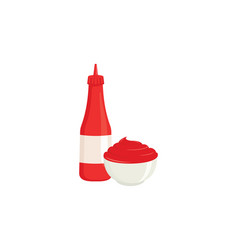 Ketchup Bottle And In Bowl In Flat Style