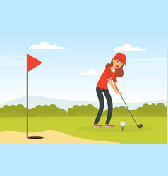 Cheerful Woman Playing Golf Hitting Ball Into Hole