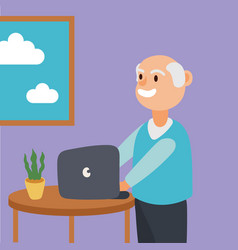 Old Man Using Laptop Active Senior Character