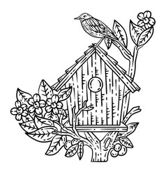 Bird House Spring Coloring Page For Adults