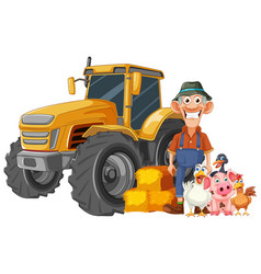 Cartoon Farmer Animals And Tractor On A Farm