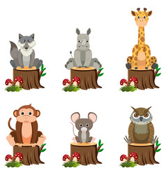 Wild Animals Sitting On Tree Stump A Cartoon