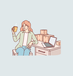 Woman Small Business Owner Drinks Coffee Sitting