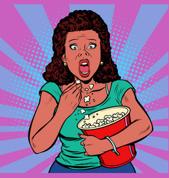 Woman Watching A Scary Movie And Eating Popcorn