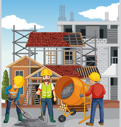 House Construction Site With Workers Cartoon