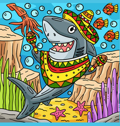 Shark With Sombrero And Maracas Colored Cartoon