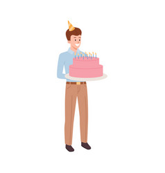 Happy Man In Party Hat Holding Big Cake