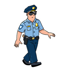 Walking Policeman In Uniform And Glasses Cartoon