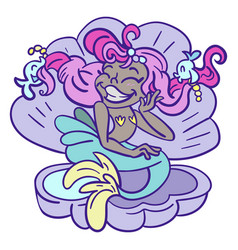 Happy Pink Hair Mermaid Sitting Sea Shell