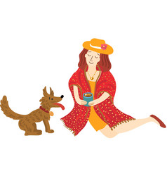 Woman Drinking Coffee And Playing With A Dog