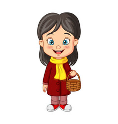 Cartoon Little Girl In Autumn Clothes Holding Bask