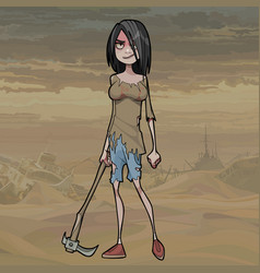 Cartoon Woman In Tattered Clothes With A Pickaxe