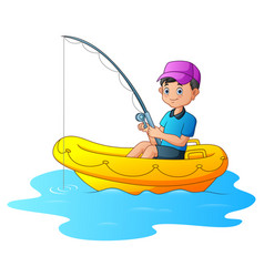 A Boy Fishing On Inflatable Boat