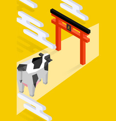 2021 New Years Card Torii And Cow Isometric