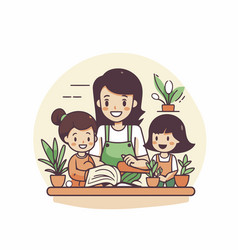 Mother And Children Learning At Home In Cartoon