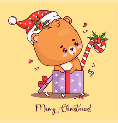 Cute Christmas Bear Cub In Santa Hat Gift Box