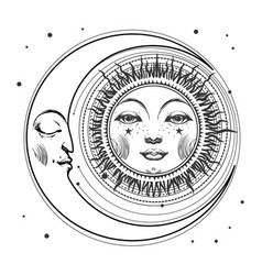 Sun With Face And Crescent Moon Mystical Boho