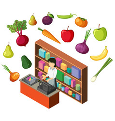 Cheerful Cashier Woman At Fruit And Vegetable Shop