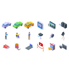 Drive-in Cinema Icons Set Isometric Movie