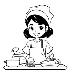 Cute Little Girl Chef In Apron Cooking Kitchen