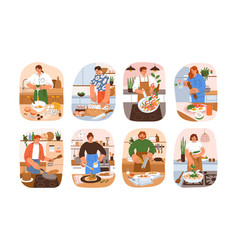 People Cooking Food At Home Set