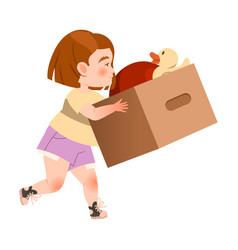 Cute Little Girl Carrying Cardboard Box With Toys