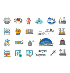 Fishing Industry Line Icons Fishery Boat Fishes