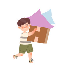 Cute Boy Carrying Cardboard Box With Pillows