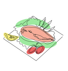 Dish Salmon With Salad Lemon And Tomatoes Line Art