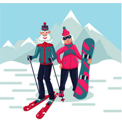 Senior Adult Couple On A Ski Resort Cartoon