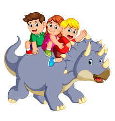 Children Are Sitting On The Triceratops