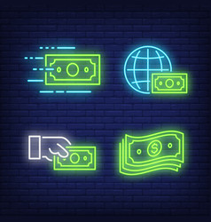 Dollar Bills Hand And Earth Globe Neon Signs Set