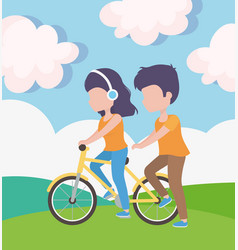 Woman With Headphones Riding Bike And Man Walk